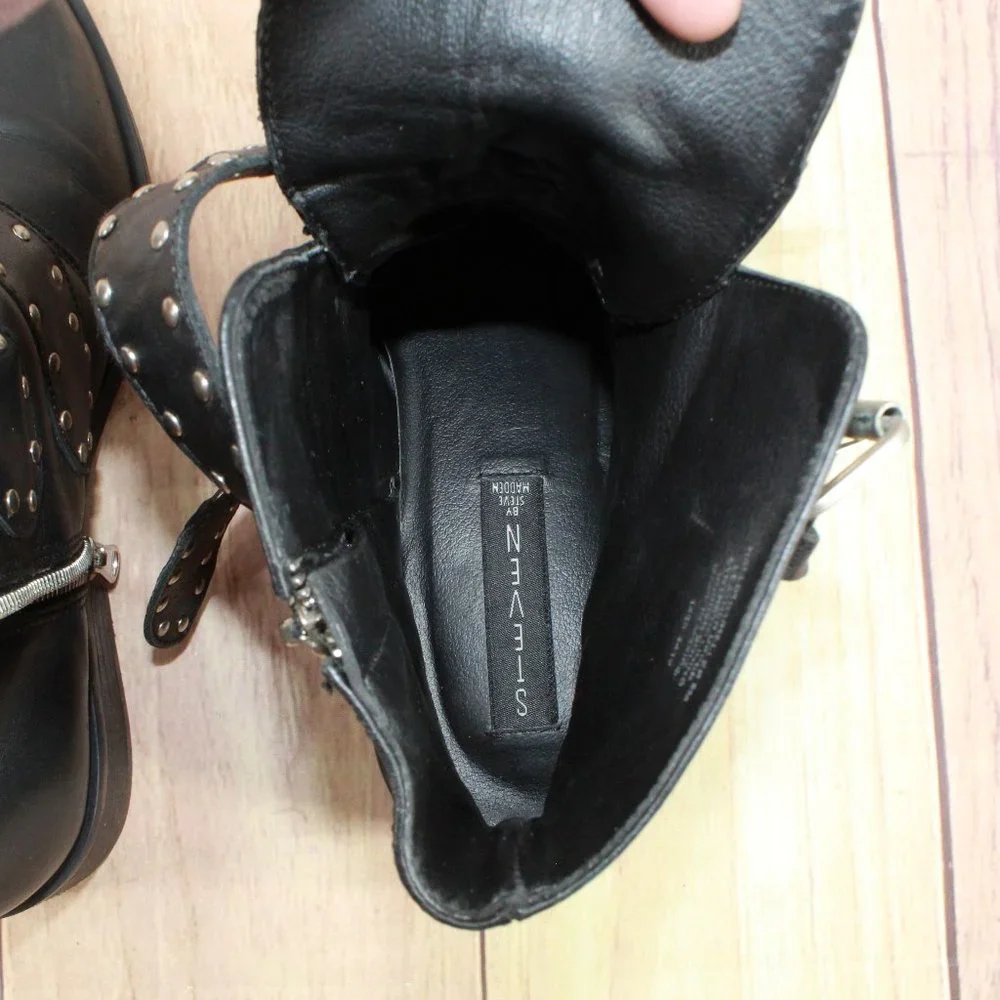 Steven Maden New York Harmon Black Leather Studded Buckle Booties Size 8 M - Picture 7 of 11